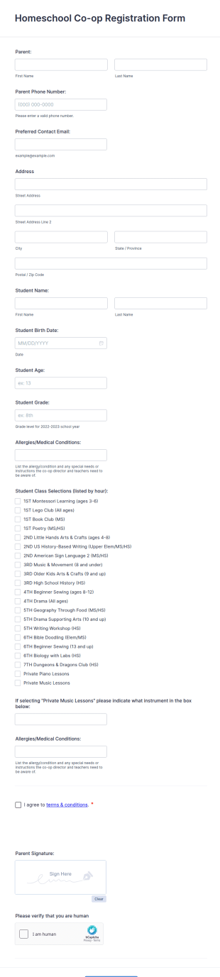 Homeschool Co Op Registration Form Template