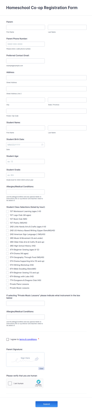 Homeschool Co Op Registration Form Template