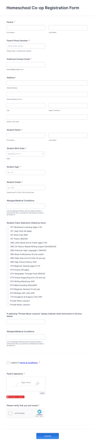 Homeschool Co Op Registration Form Template
