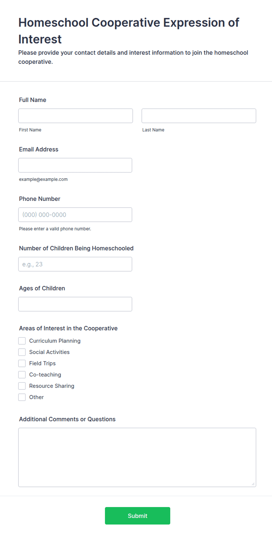 Homeschool Cooperative Expression of Interest Form Template | Jotform