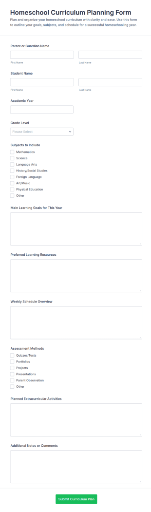 Homeschool Curriculum Planning Form Template