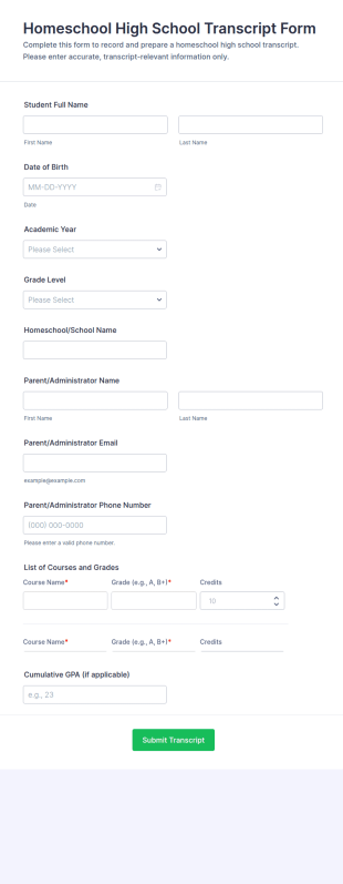 Homeschool High School Transcript Form Template