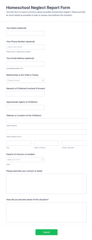 Homeschool Neglect Report Form Template