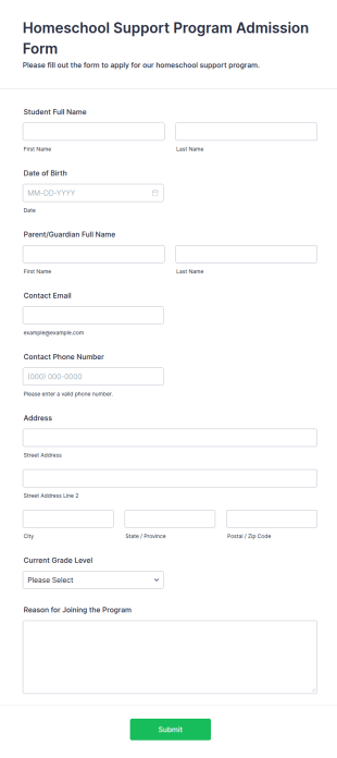 Homeschool Support Program Admission Form Template
