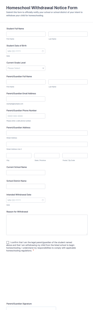 Homeschool Withdrawal Notice Form Template