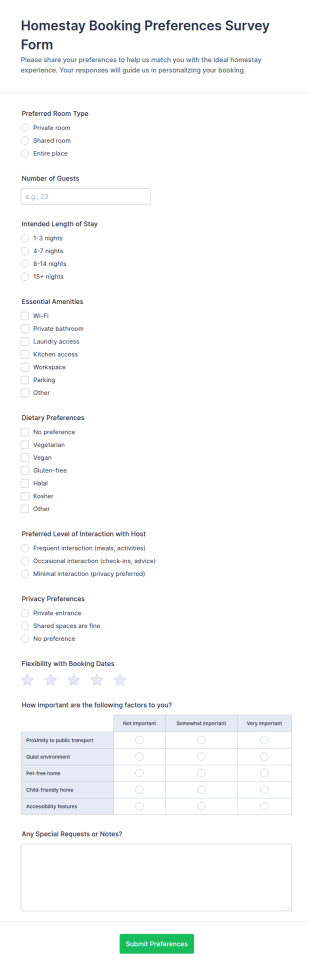 Homestay Booking Preferences Survey Form Template
