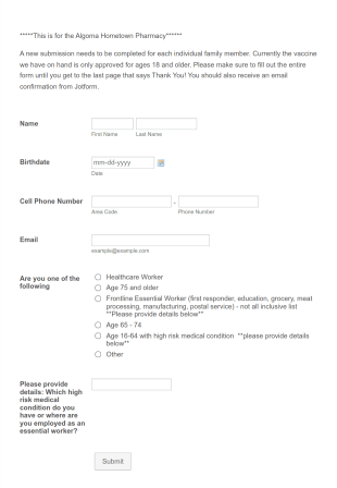Hometown Pharmacy COVID 19 Waitlist Form Template