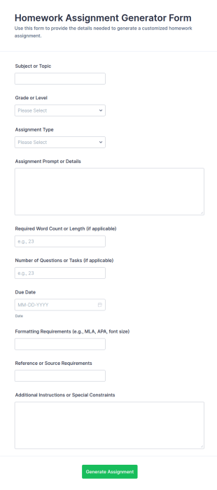 Homework Assignment Generator Form Template