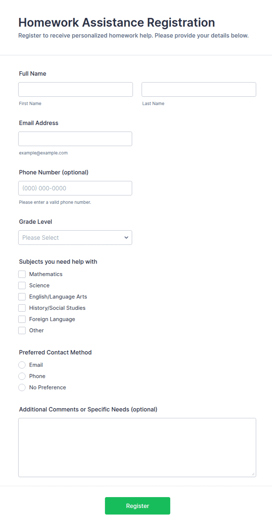 Homework Application Form Homework Assistance Registration Form Template | Jotform