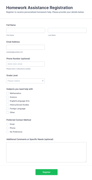 Homework Assistance Registration Form Template