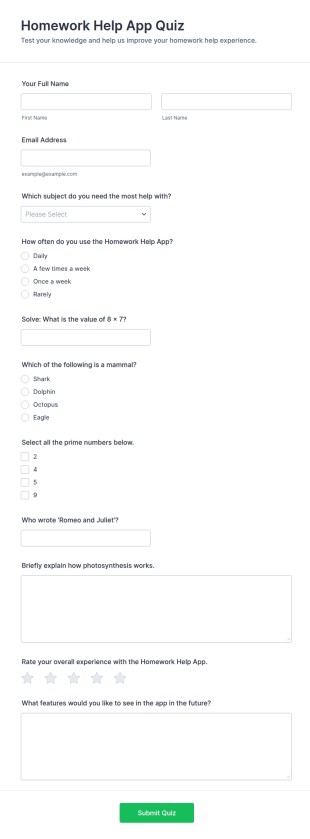 Homework Help App Quiz Form Template