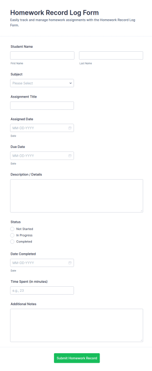 Homework Record Log Form Template