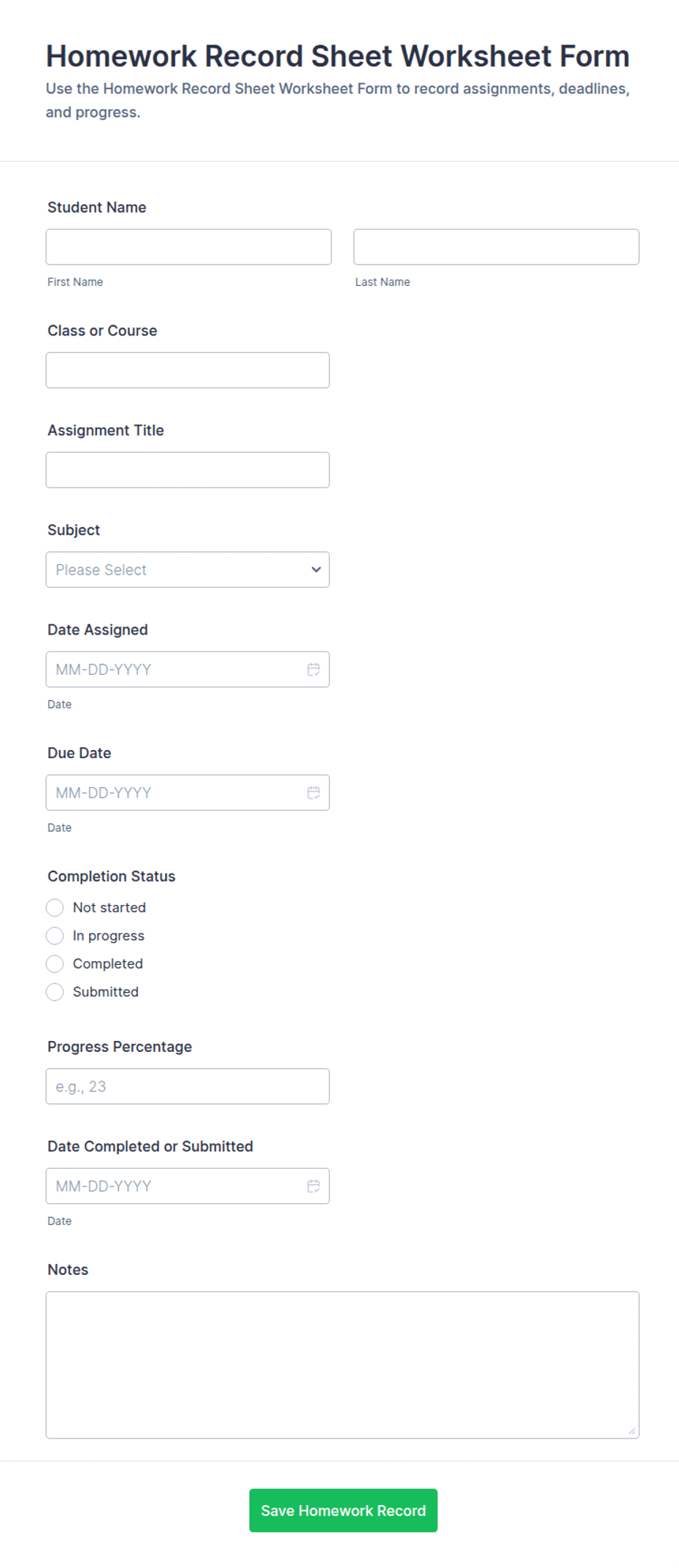 Homework Record Sheet Form Template | Jotform