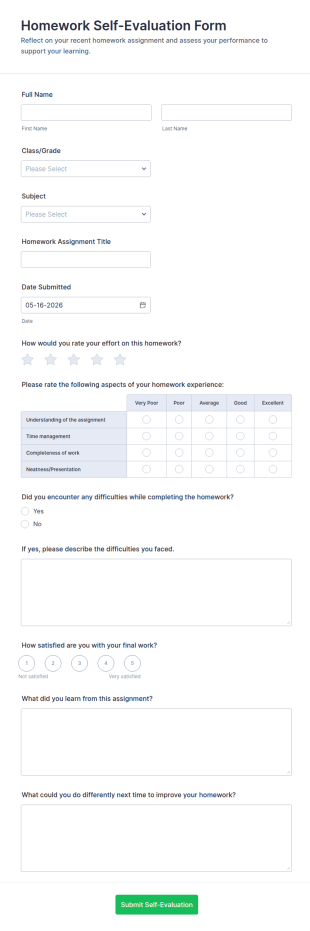 Homework Self Evaluation Form Template
