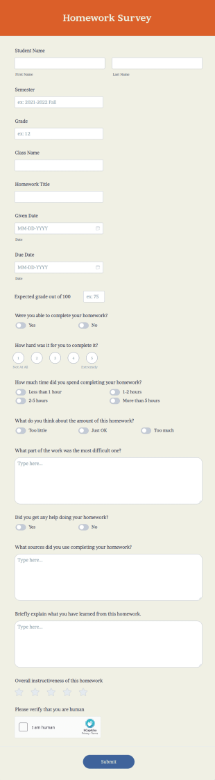 Homework Survey Form Template