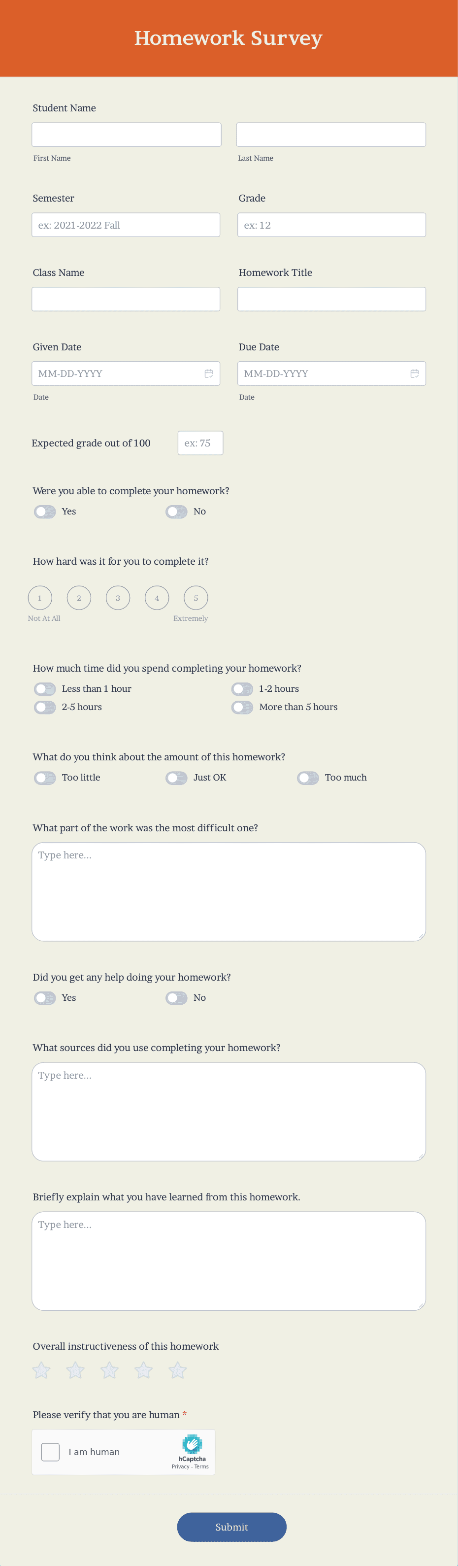 Homework Survey Form Template | Jotform