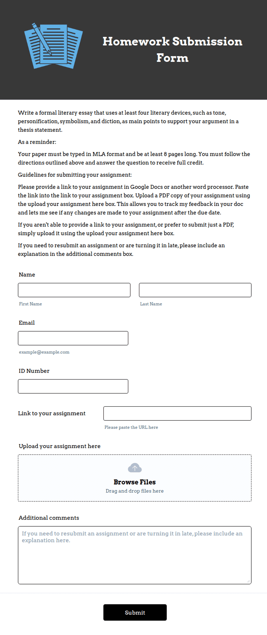 Homework Application Form Homework Submission Form Template | Jotform