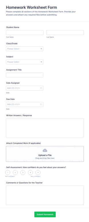 Homework Worksheet Form Template