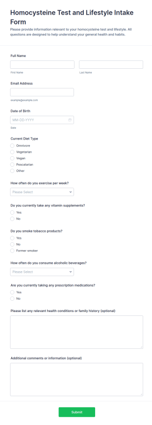 Homocysteine Test And Lifestyle Intake Form Template