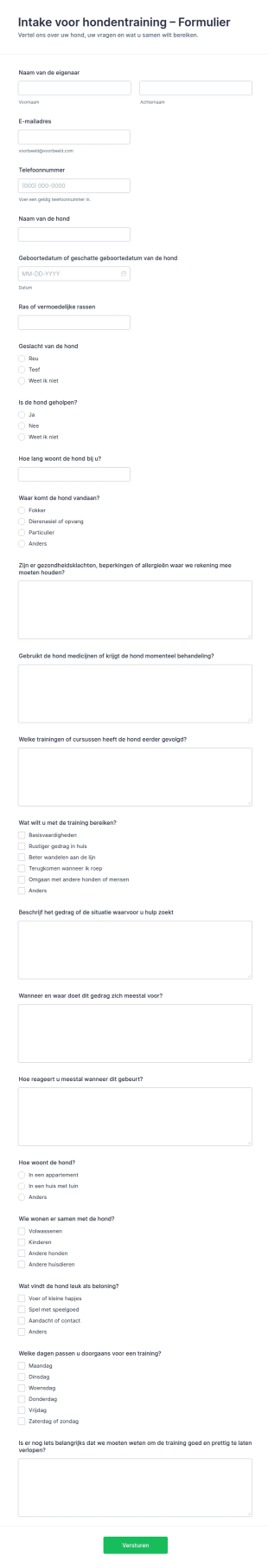 Hondentraining Intakeformulier
