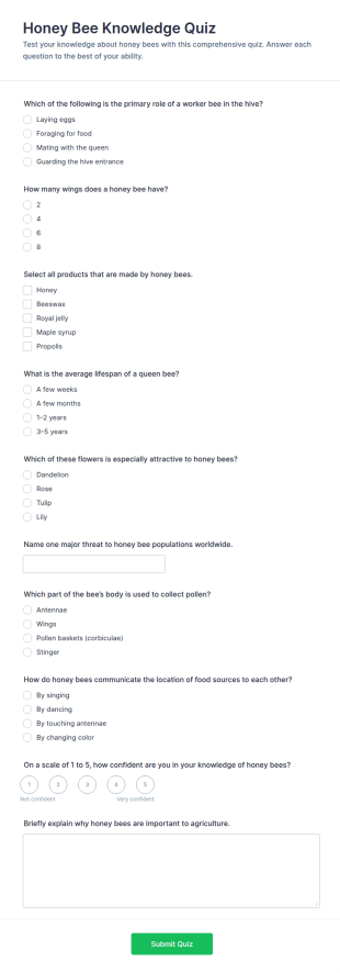 Honey Bee Knowledge Quiz Form Template