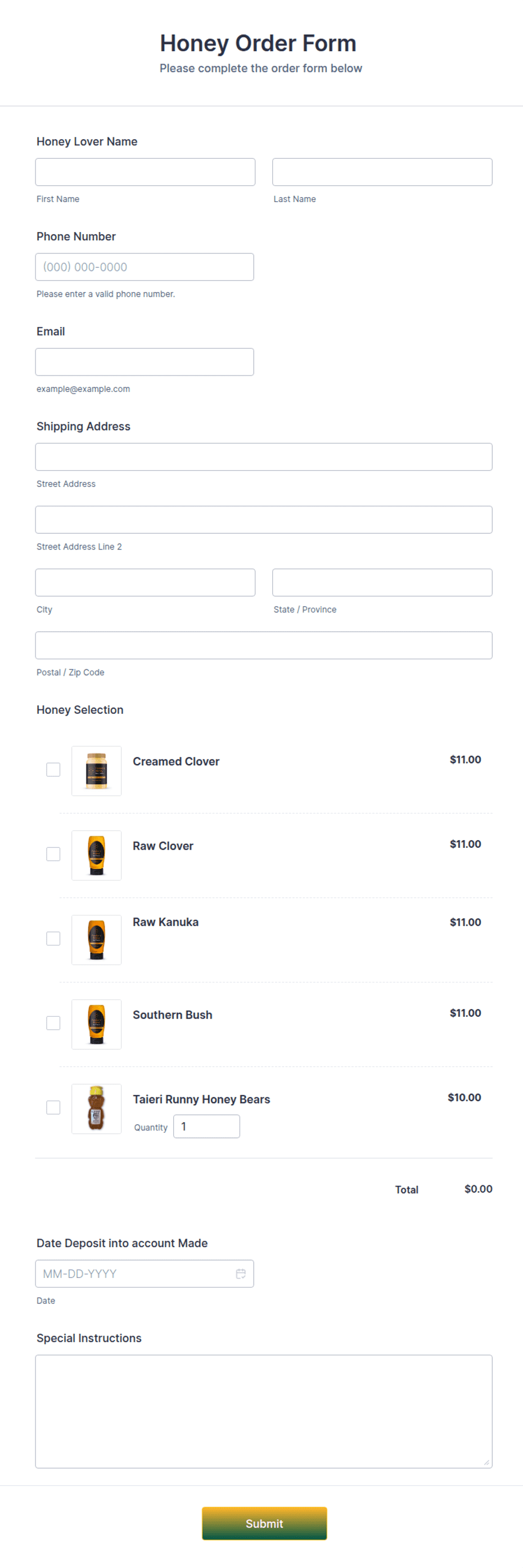 Honey Order Form Form Template | Jotform