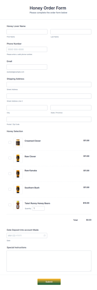 Honey Order Form Form Template