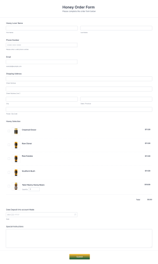 Honey Order Form Form Template