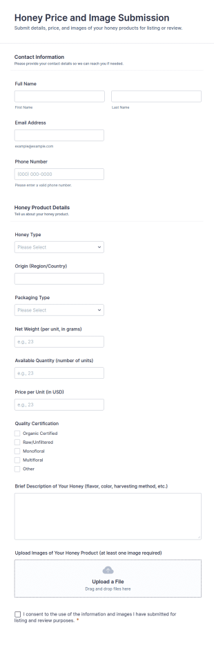 Honey Price And Image Submission Form Template