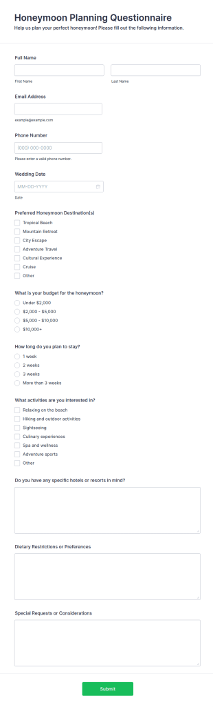 Honeymoon Planning Questionnaire Form Template
