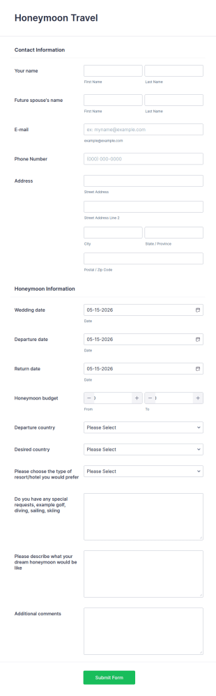 Honeymoon Travel Information Form Template
