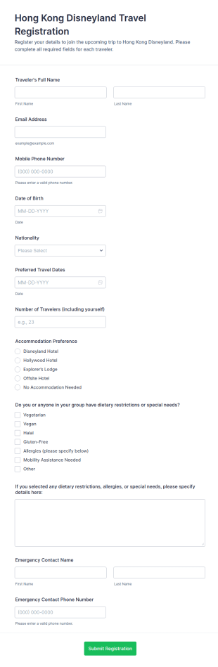 Hong Kong Disneyland Travel Registration Form Template