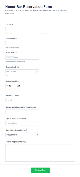 Honor Bar Reservation Form Template