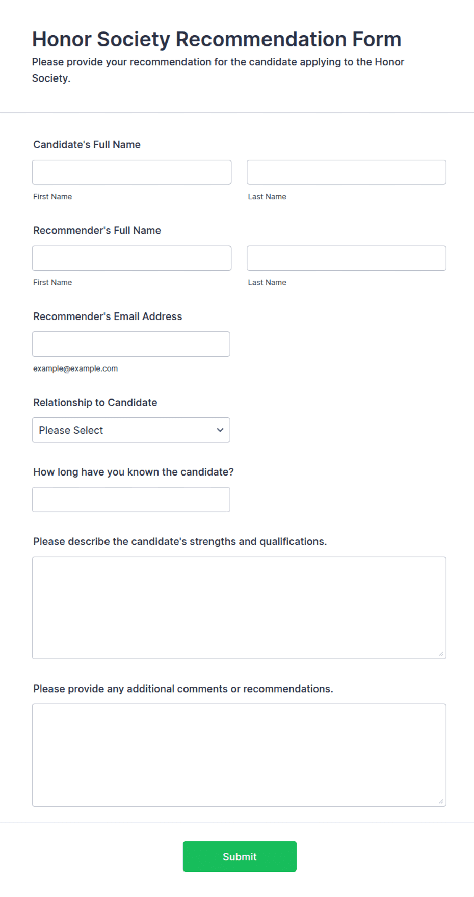 Honor Society Recommendation Form Template | Jotform
