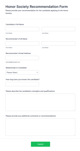 Honor Society Recommendation Form Form Template
