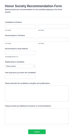 Honor Society Recommendation Form Template