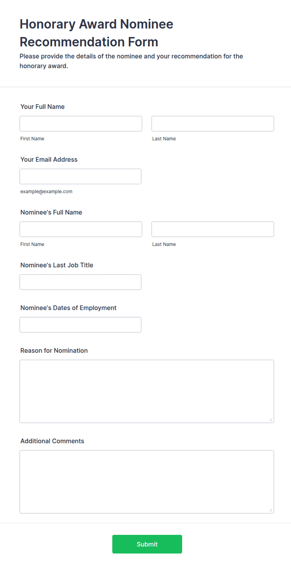 Honorary Award Nominee Recommendation Form Template | Jotform