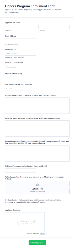 Honors Program Enrollment Form Form Template