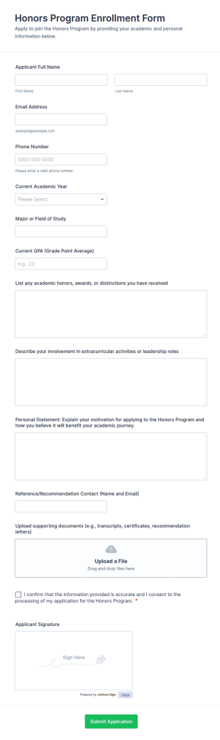 Honors Program Enrollment Form Template