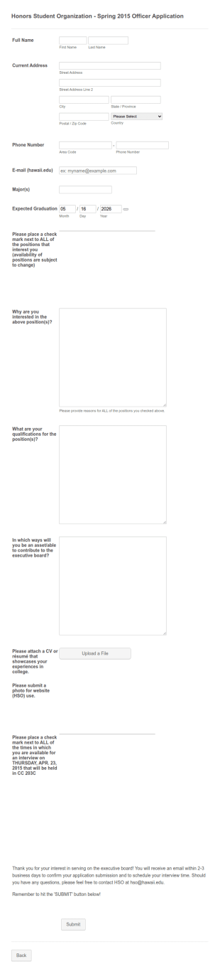 Student Officer Application Form Template