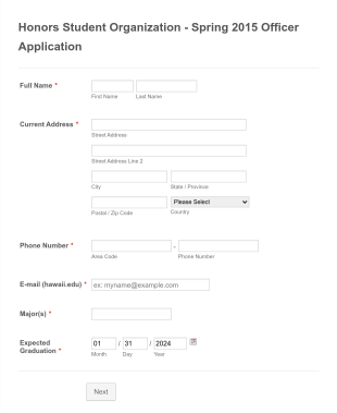 Student Officer Application Form Template