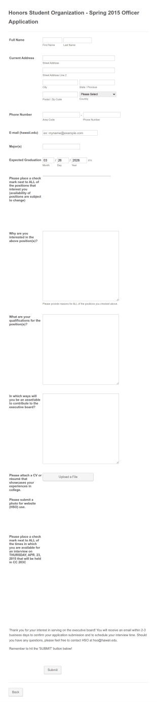 Student Officer Application Form Template