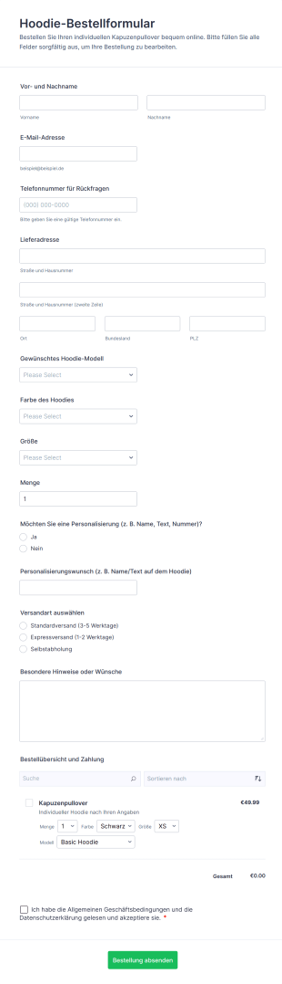 Hoodie Bestellformular