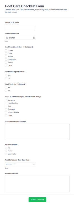 Hoof Care Checklist Form Template