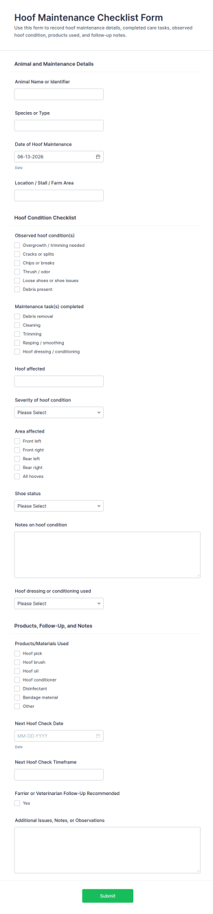 Hoof Maintenance Checklist Form Template