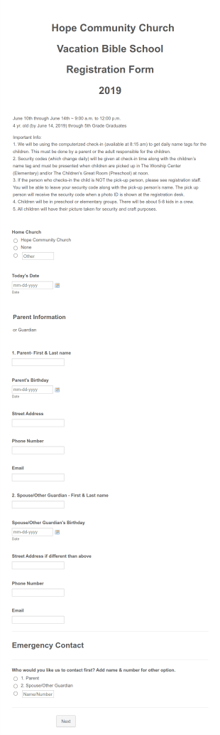 Hope Community Church Vacation Bible School Registration Form 2019 Form Template
