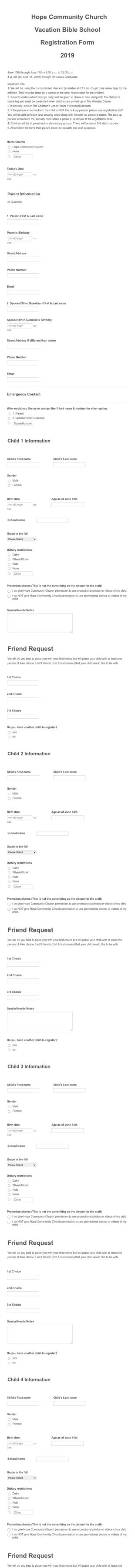 Hope Community Church Vacation Bible School Registration Form 2019