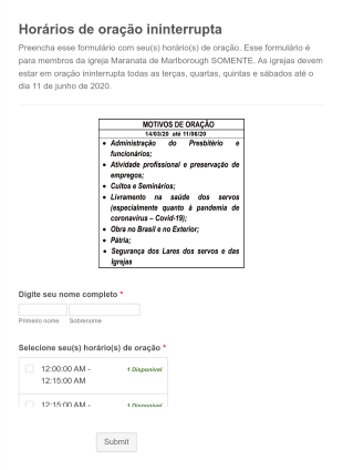 Horários De Oração Ininterrupta Form Template