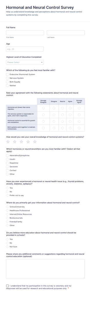 Hormonal And Neural Control Survey Form Template
