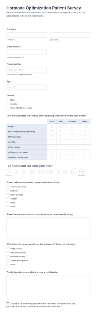 Hormone Optimization Patient Survey Form Template